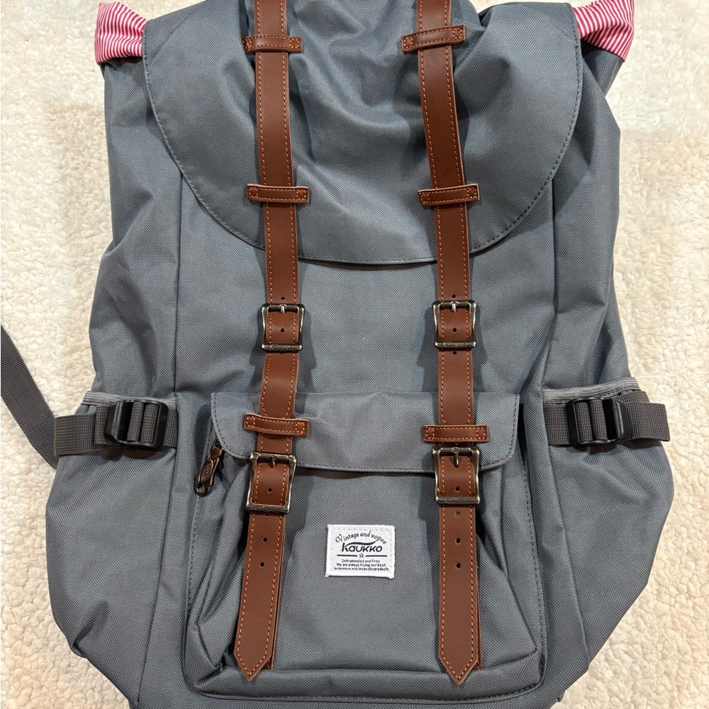 Vintage & Vogue KAUKKO Stylish Gray Backpack with Brown Leather Straps | Unisex